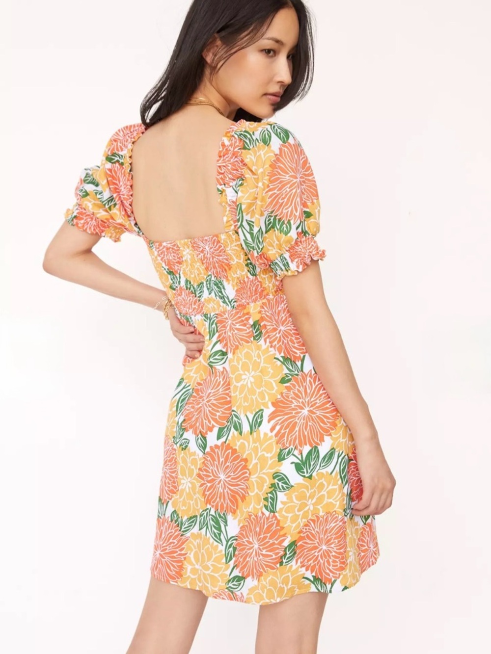 Anthropologie House of Harlow 100% Linen Floral SmockedDressWomen M PuffSleeve - Picture 3 of 10